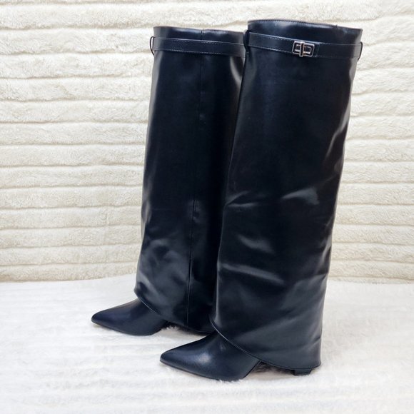 Paris Black Skirted Fold Over 3.5" Block Heel Knee High Boots - Picture 3 of 11